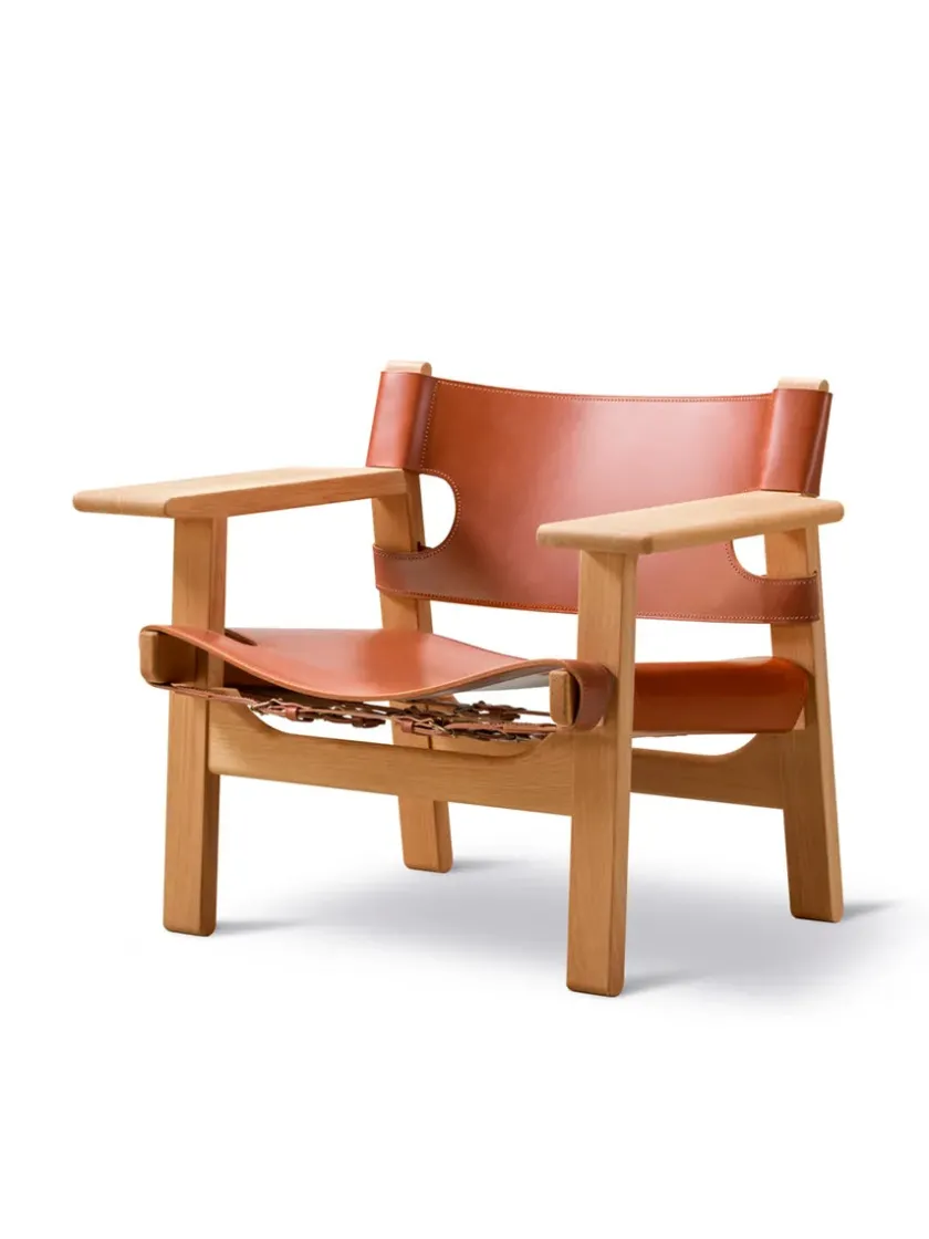 Fredericia Furniture Den Spanske Stol i sort læder, valnød olie af Børge Mogensen> Lænestole