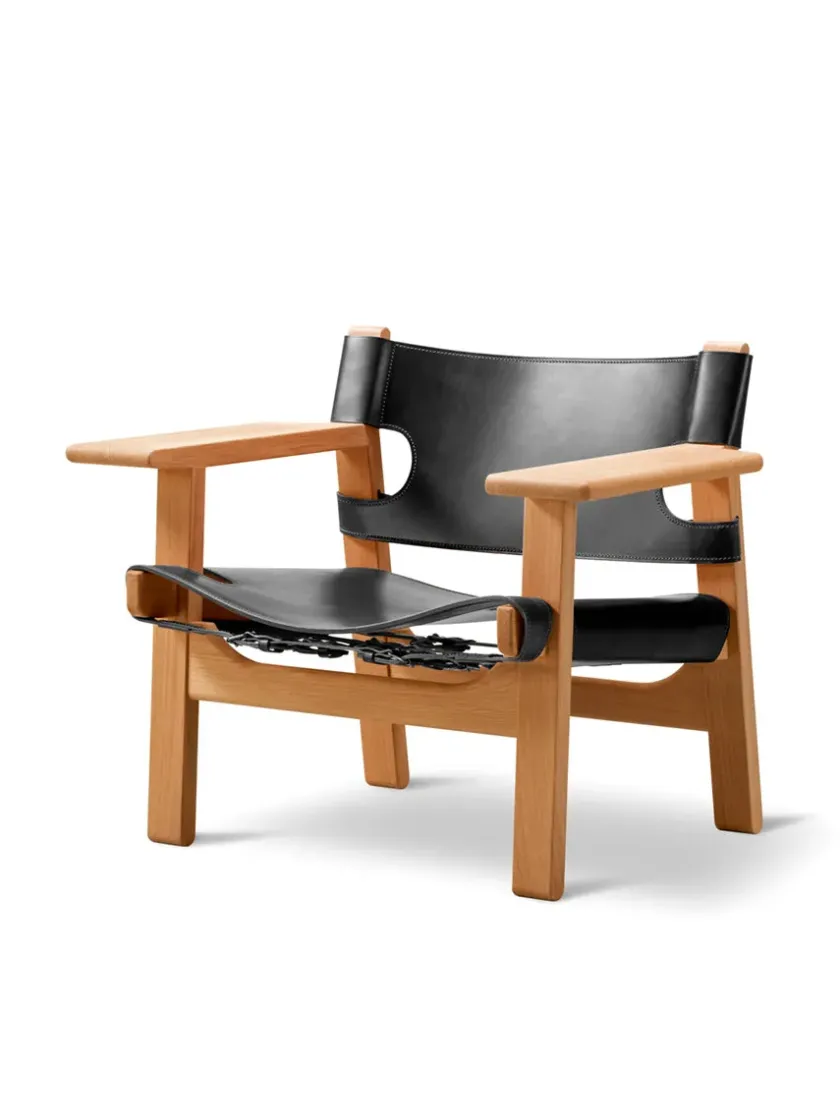 Fredericia Furniture Den Spanske Stol i sort læder, valnød olie af Børge Mogensen> Lænestole