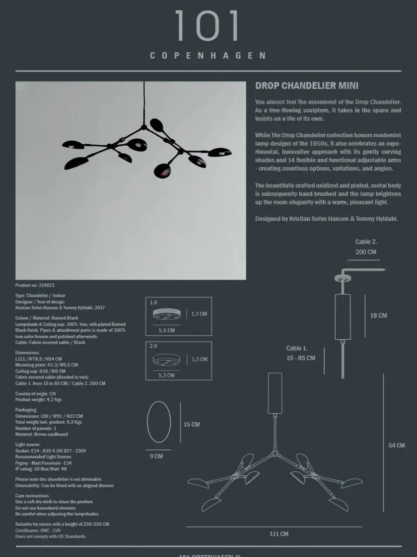 101 Copenhagen Drop Chandelier, mini burned black fra> Spots|Lysekroner
