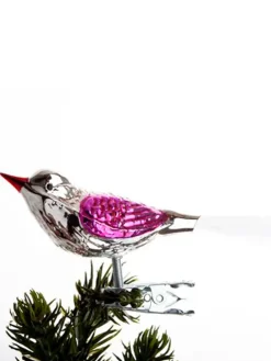 Brink Nordic Fugl m. Klemme 10 cm, sølvfarvet/pink fra> Juletræspynt
