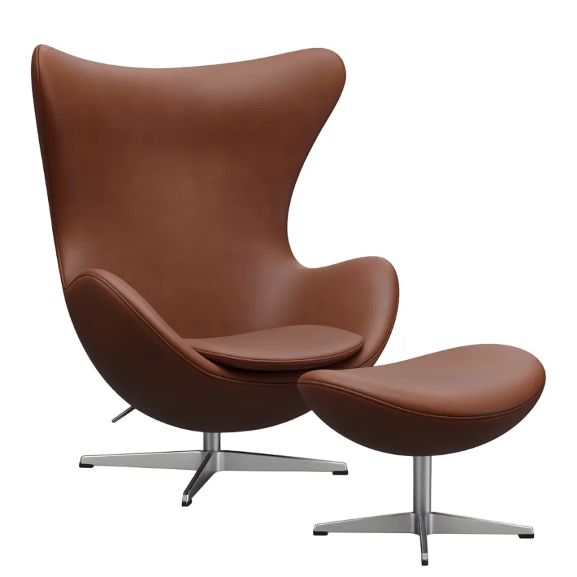 Fritz Hansen Ægget, Cognac Aura læder, uden returdrej inkl. skammel af Arne Jacobsen> Lænestole