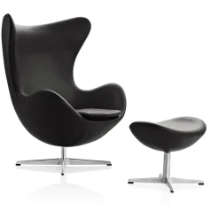 Fritz Hansen Ægget, Sort Grace læder, uden returdrej inkl. skammel af Arne Jacobsen> Lænestole