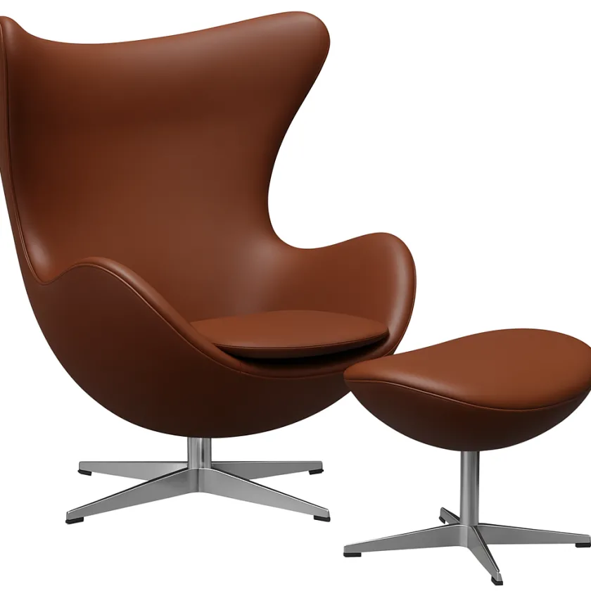 Fritz Hansen Ægget, Valnød Essensial læder, uden returdrej inkl. skammel af Arne Jacobsen> Lænestole