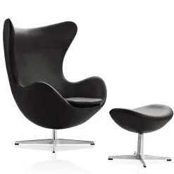 Fritz Hansen Ægget, Valnød Essensial læder, uden returdrej inkl. skammel af Arne Jacobsen><noscript><img width=