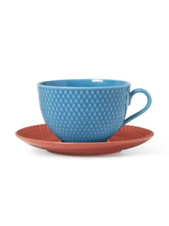 Lyngby Porcelæn Rhombe Tekop m. underkop blå/terracotta fra> Service